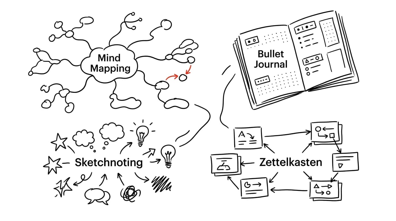 Illustration for: Creative techniques: mind mapping, Bullet Journal, sketchnoting and Zettelkasten