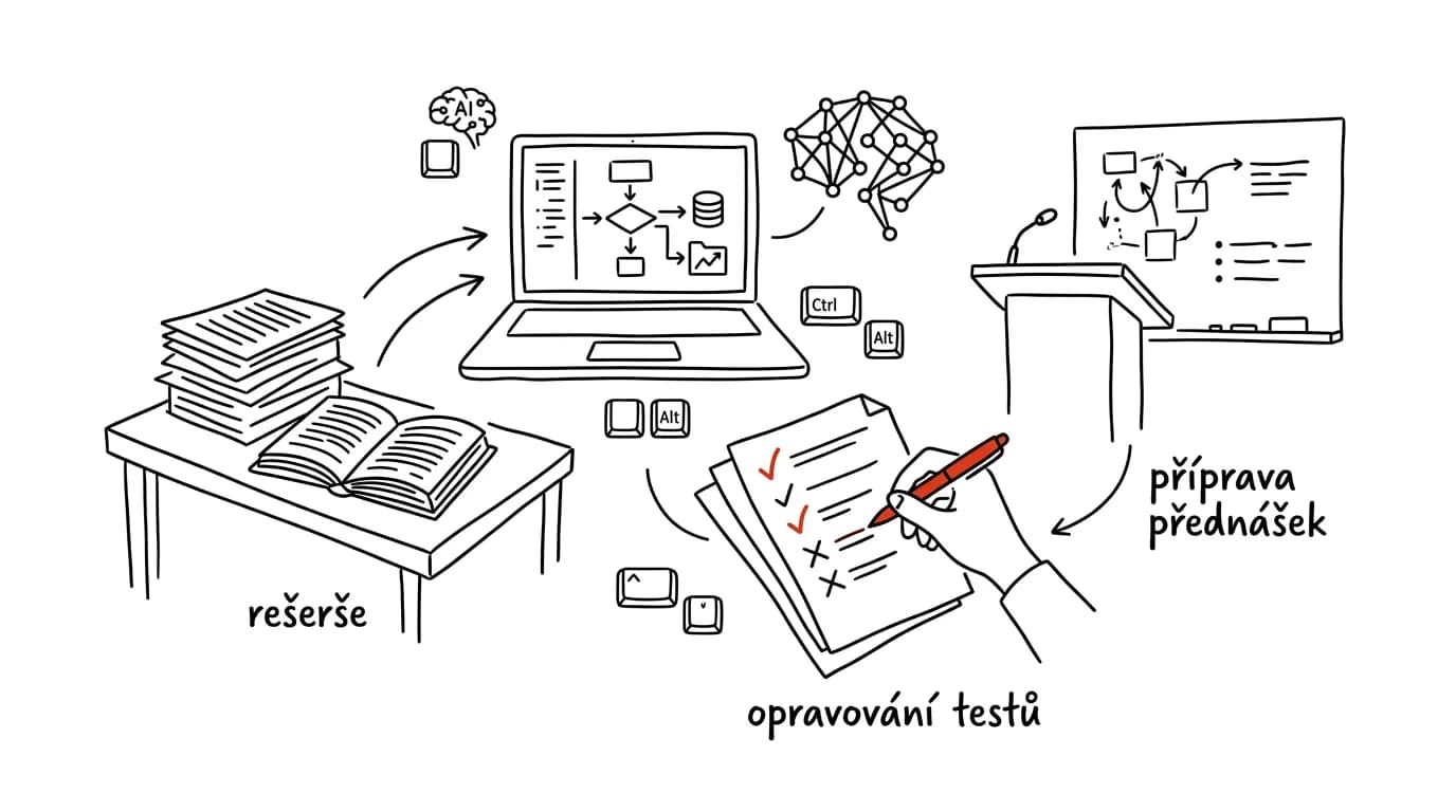 Illustration for: A PhD student with AI: research, teaching, and grading