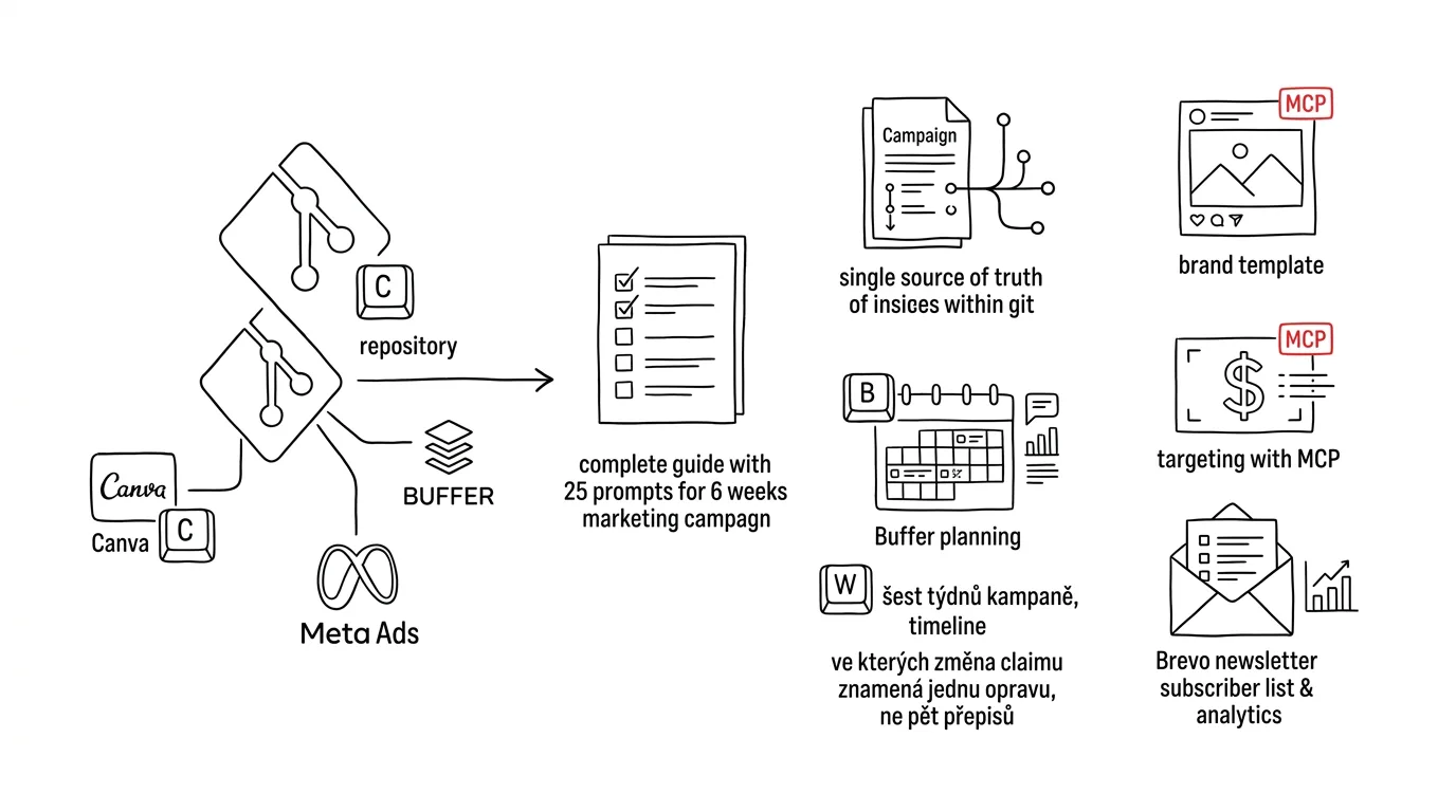 Illustration for: A single source of truth for your marketing campaign: Canva, Buffer, Meta Ads, and Brevo via MCP