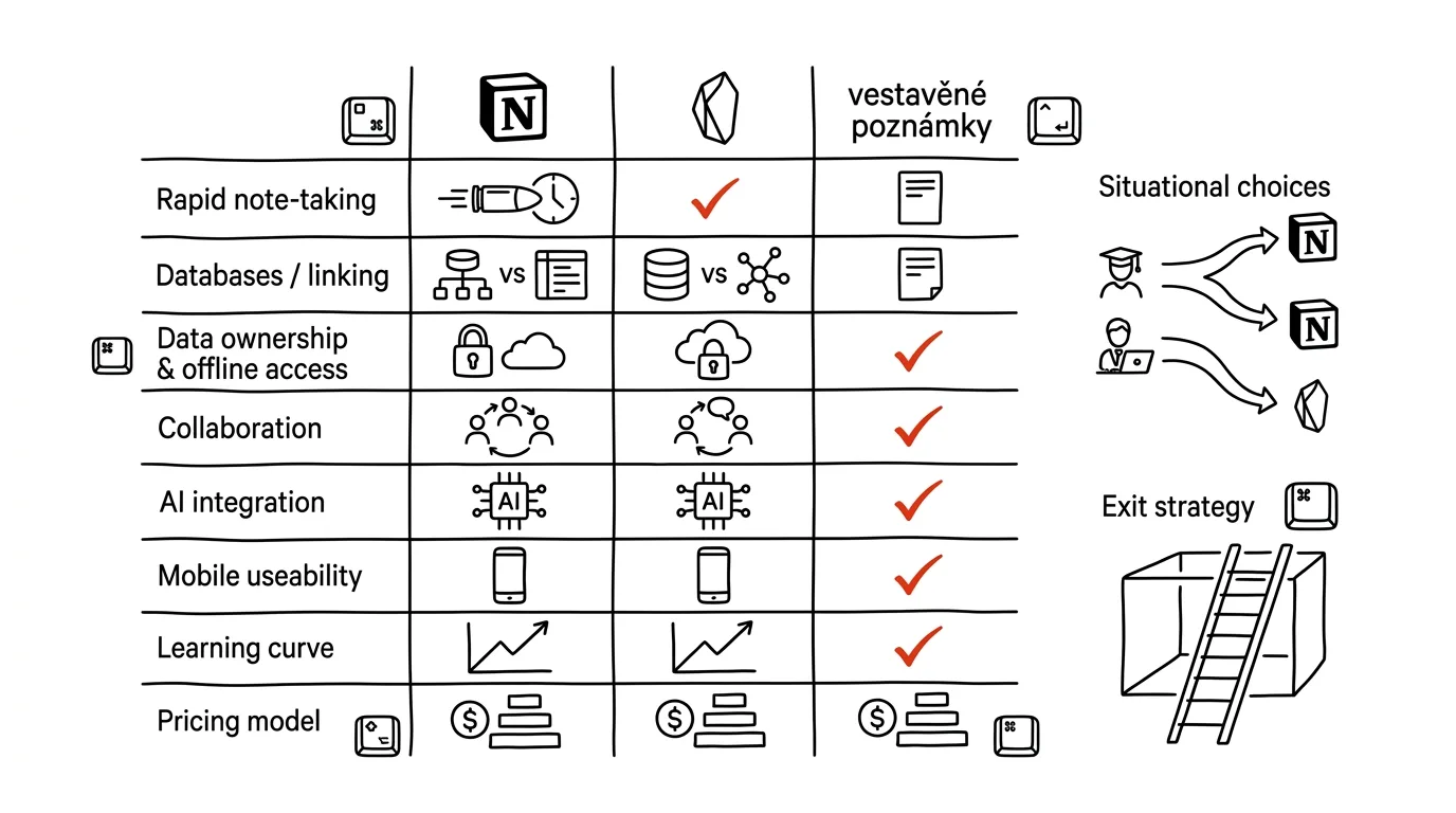 Illustration for: Notion vs. Obsidian vs. Built-In Notes Apps: What to Pick