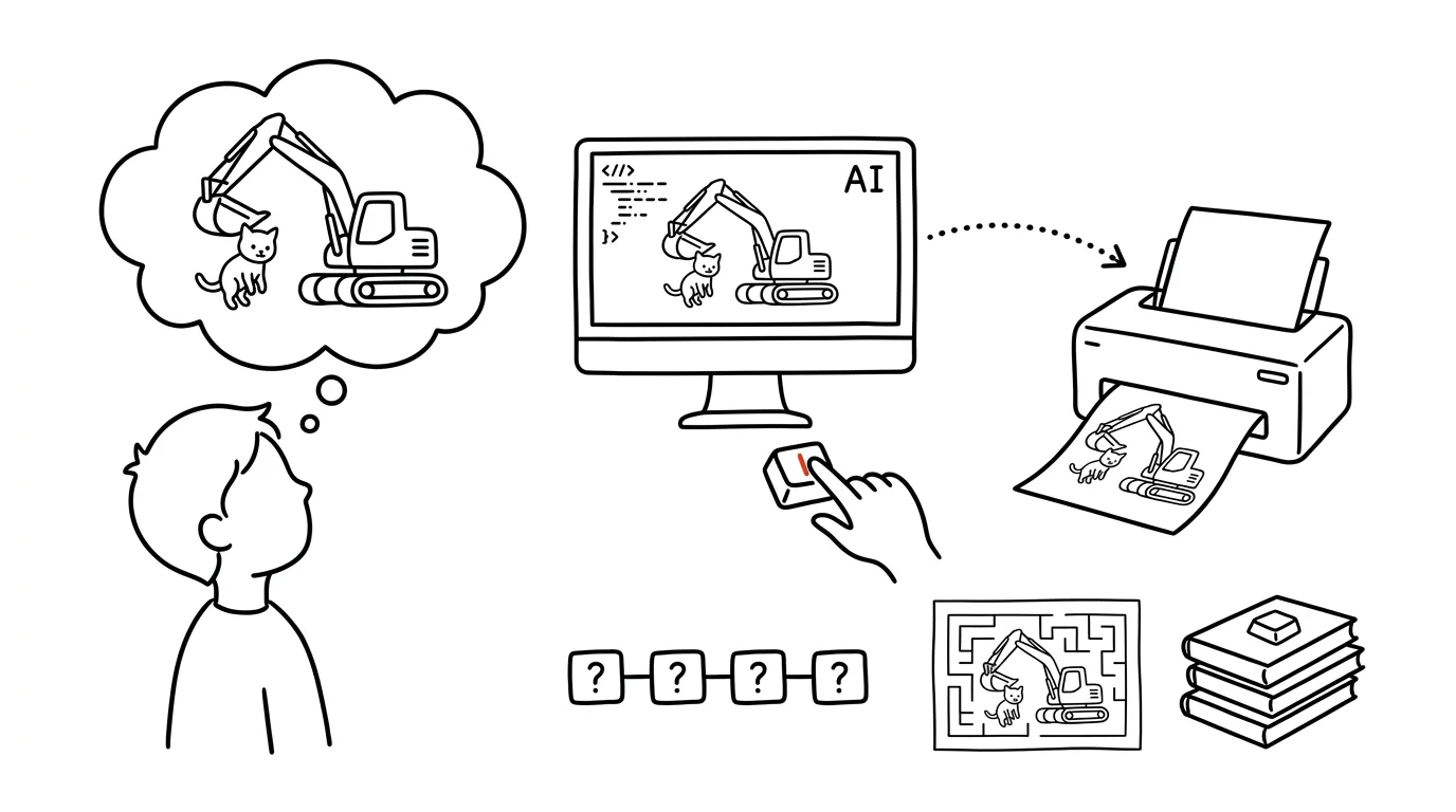 Illustration for: Coloring pages on demand: your kid dreams up the picture, AI draws it, you print it