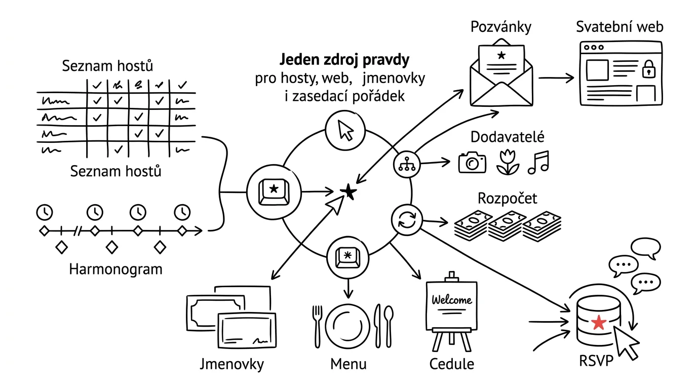 Illustration for: A wedding as a system: one source of truth for guests, the website, place cards, and the seating chart