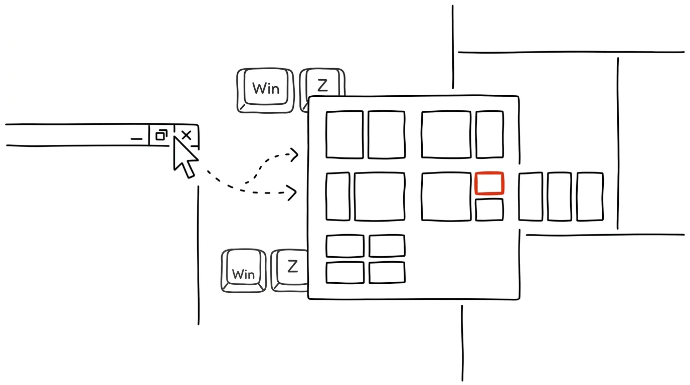 Illustration for: Snap Layouts: window arrangements from the maximize preview